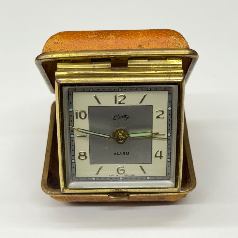 Vintage Bradley Travel Alarm Clock‎ Leather Case Made in Germany Mechanical Wind